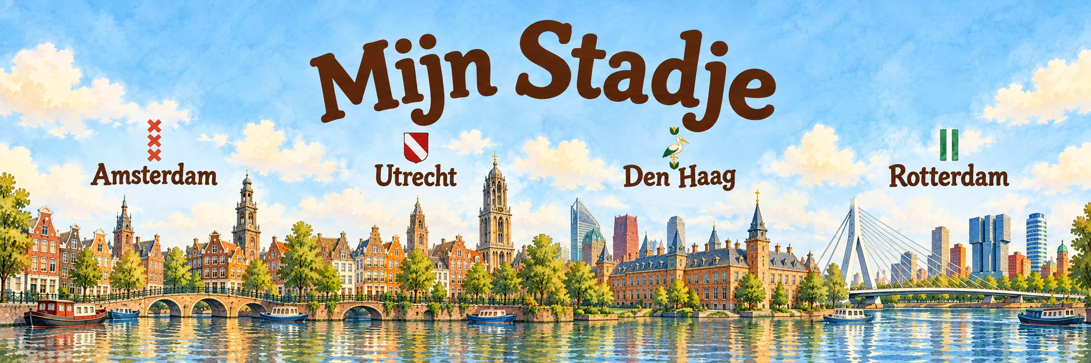 Geïllustreerde horizon van Amsterdam, Utrecht, Den Haag en Rotterdam met de titel Mijn Stadje